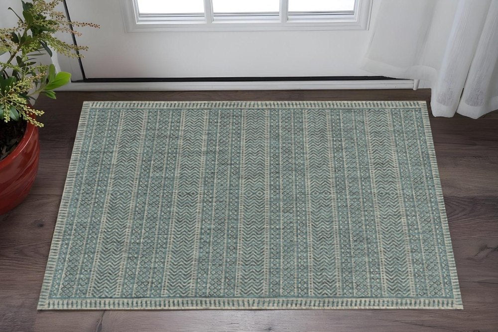 3' X 4' Teal And Beige Geometric Area Rug HomeRoots