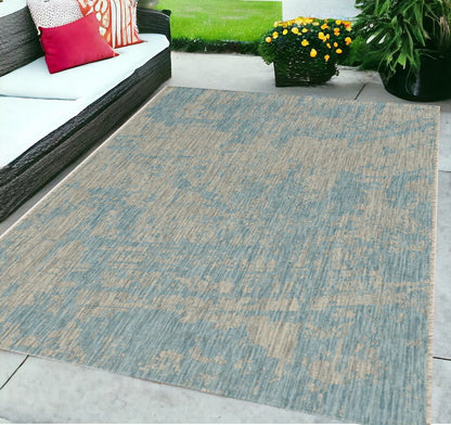 8'X11' Teal Machine Woven Abstract Strokes Indoor Outdoor Area Rug