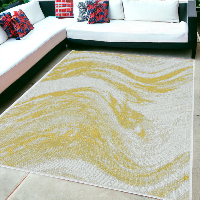 5'X7' Ivory Gold Machine Woven Uv Treated Abstract Waves Indoor Outdoor Area Rug