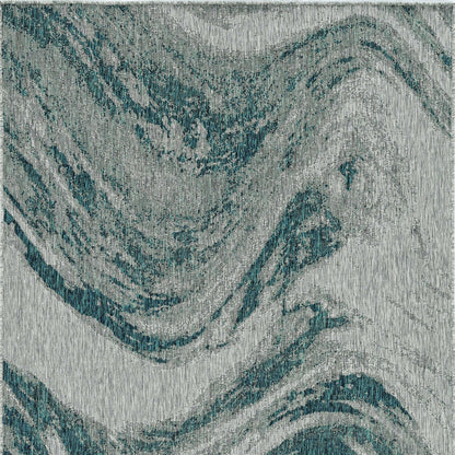 3'X4' Grey Teal Machine Woven Uv Treated Abstract Waves Indoor Outdoor Accent Rug