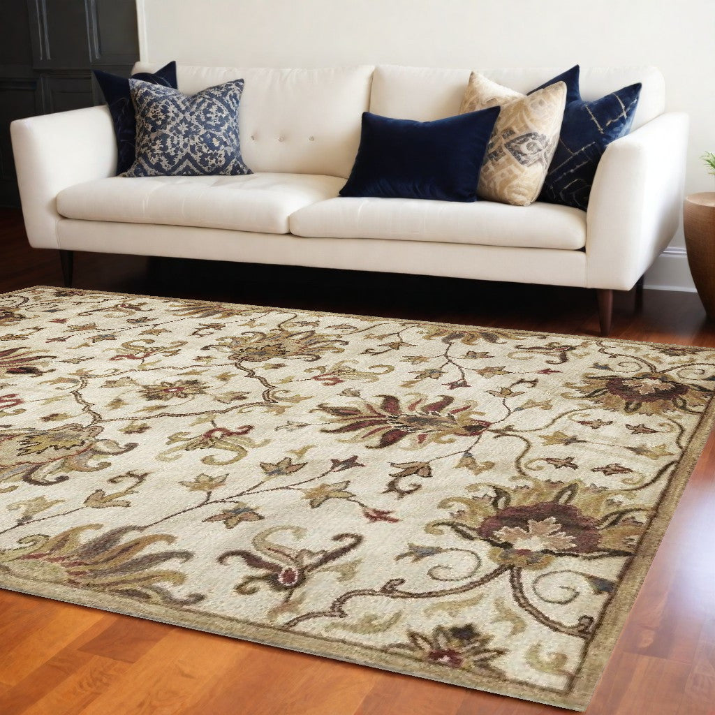 8' Champagne Wool Floral Handmade Runner Rug