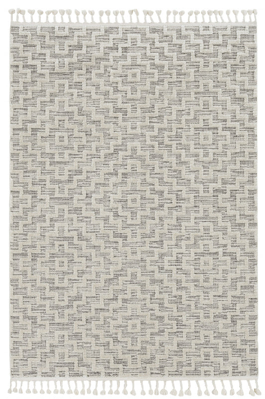 12'X15' Ivory Grey Machine Woven Diamond Pattern With Fringe Indoor Area Rug