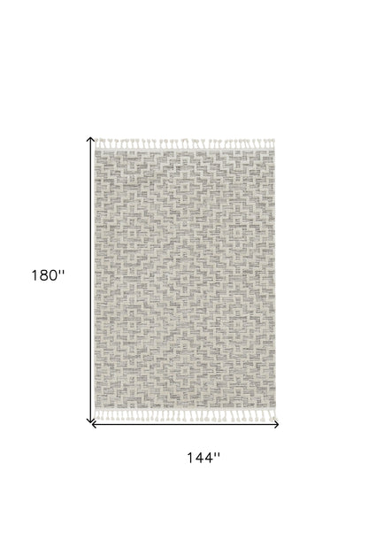 12'X15' Ivory Grey Machine Woven Diamond Pattern With Fringe Indoor Area Rug