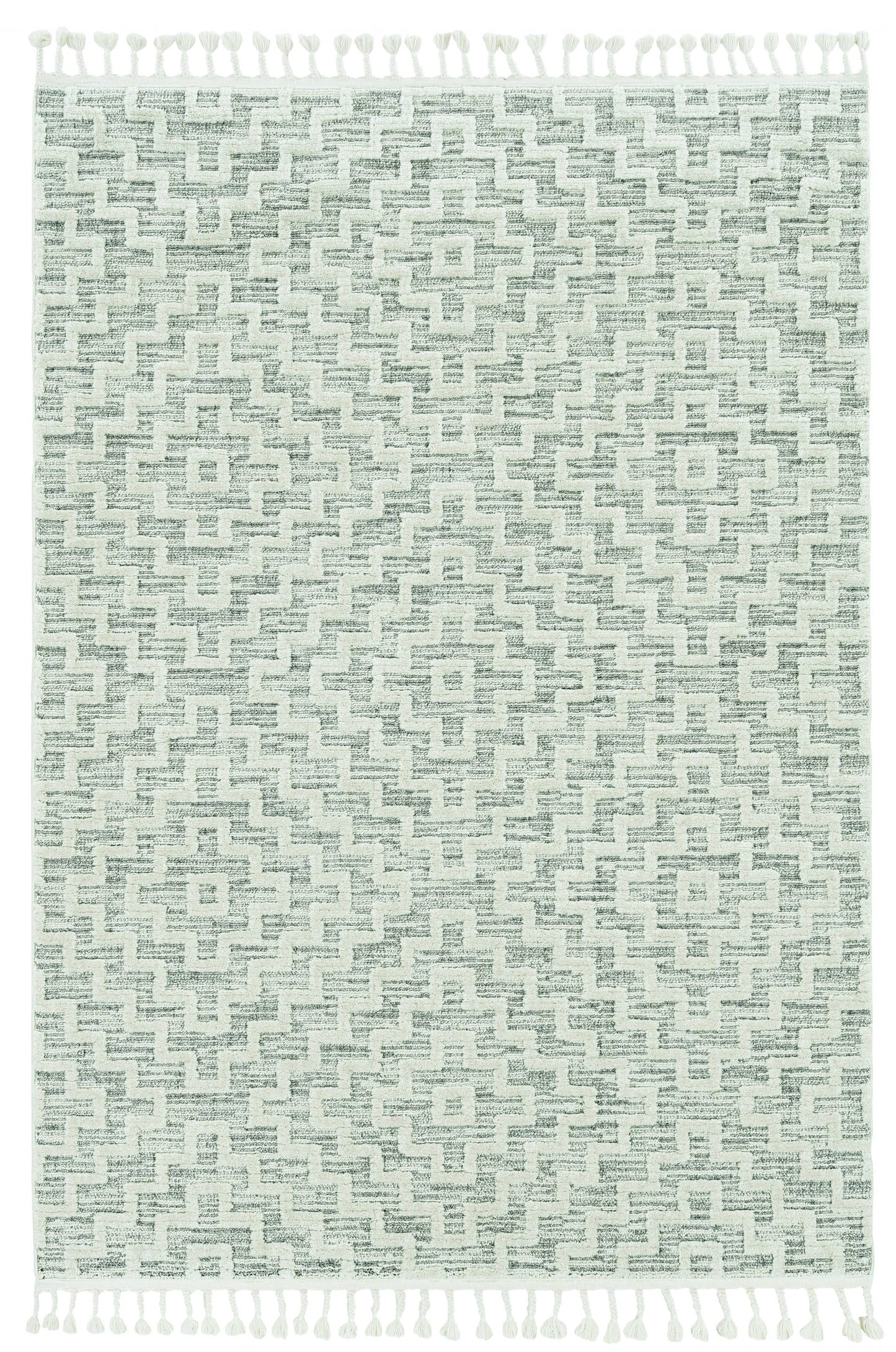 12'X15' Ivory Grey Machine Woven Diamond Pattern With Fringe Indoor Area Rug