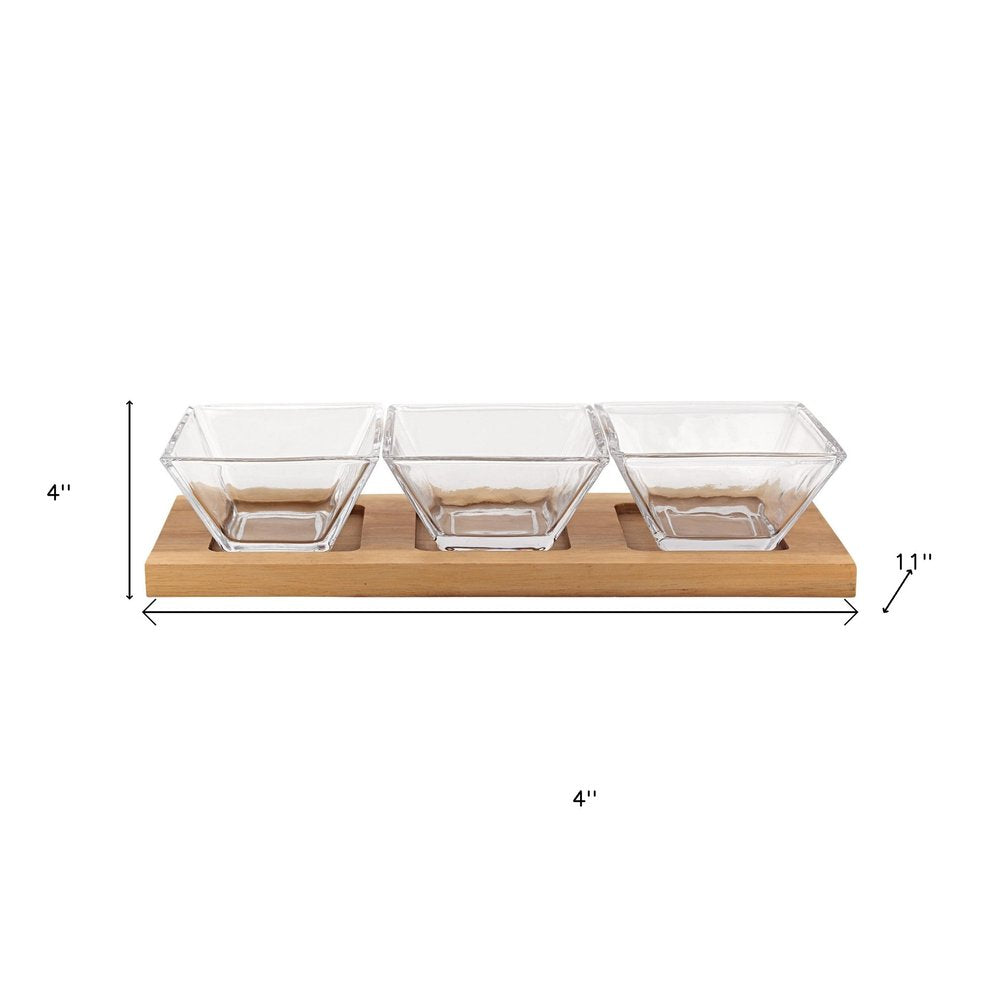 Four Piece Clear And Natural Crystal And Solid Wood Condiment Server HomeRoots