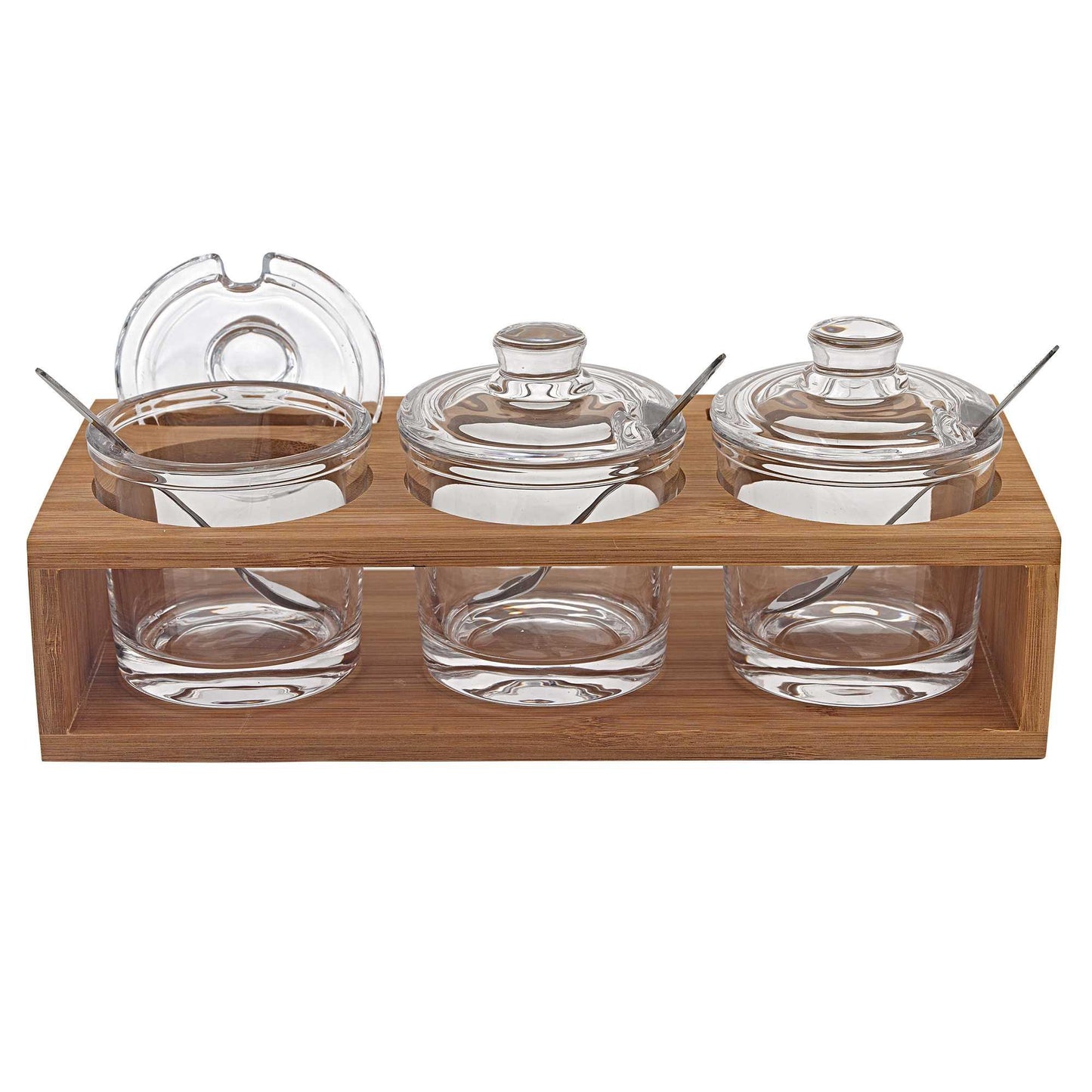 6 Mouth Blown Crystal Jam Set With 3 Glass Jars And Spoons On A Wood Stand - FurniFindUSA