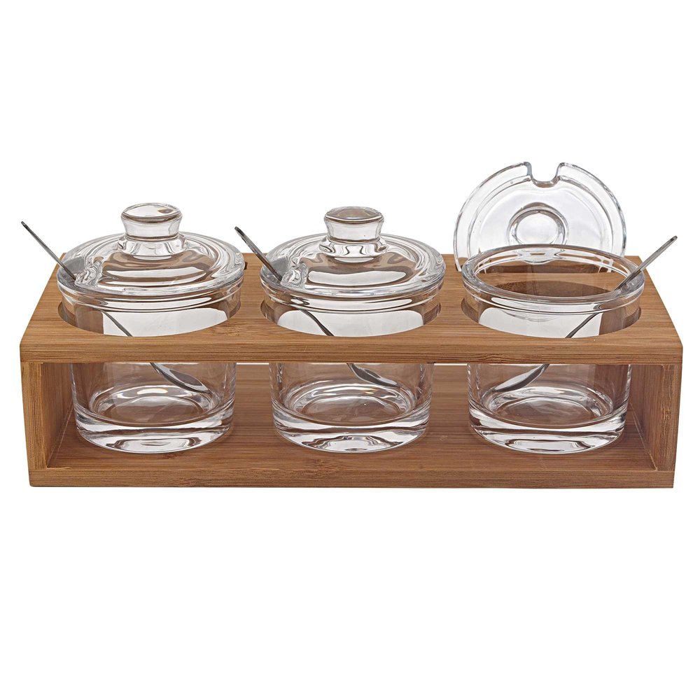 6 Mouth Blown Crystal Jam Set With 3 Glass Jars And Spoons On A Wood Stand HomeRoots