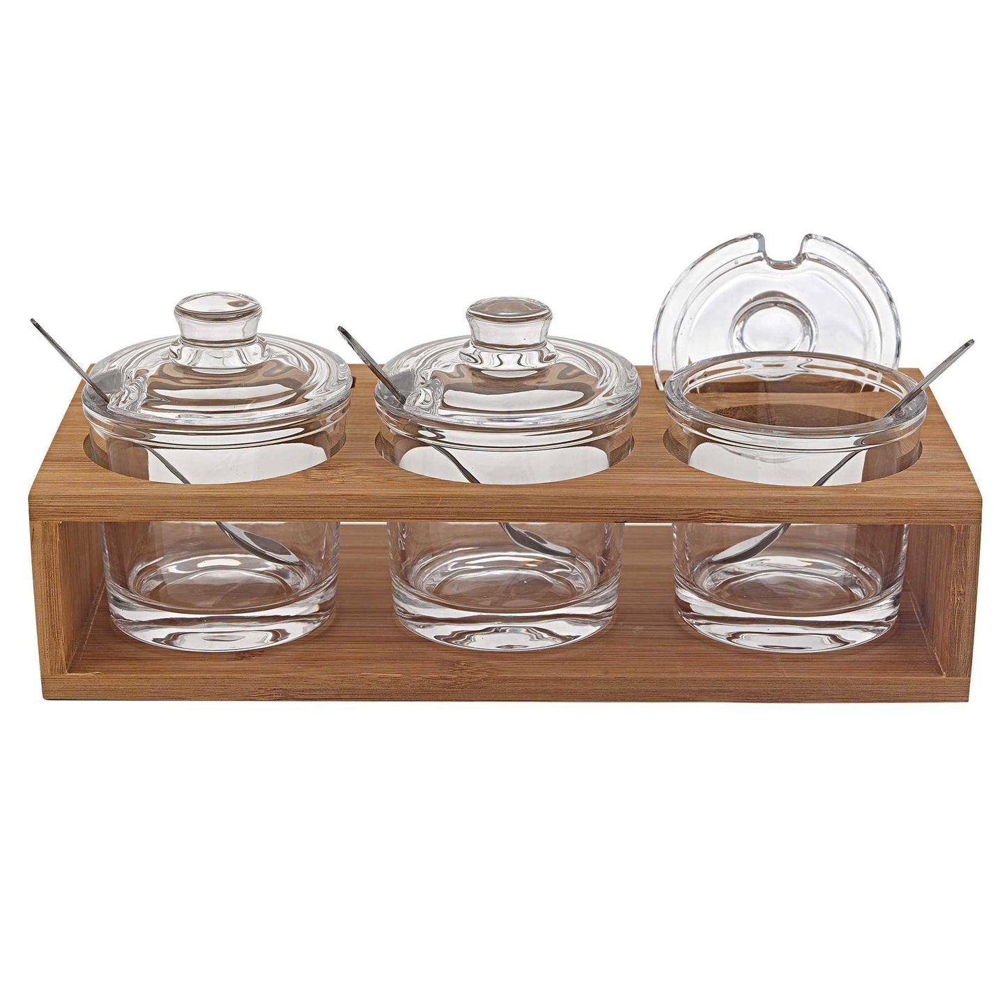 6 Mouth Blown Crystal Jam Set With 3 Glass Jars And Spoons On A Wood Stand - FurniFindUSA