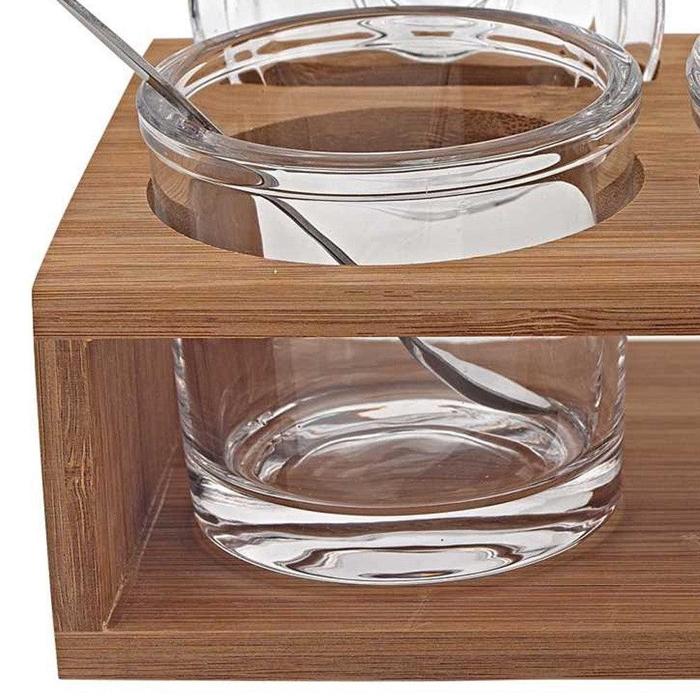 6 Mouth Blown Crystal Jam Set With 3 Glass Jars And Spoons On A Wood Stand - FurniFindUSA