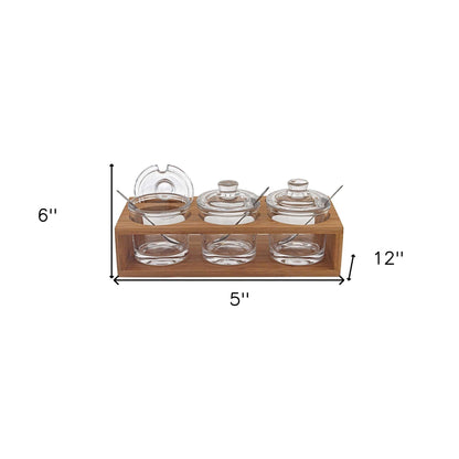 6 Mouth Blown Crystal Jam Set With 3 Glass Jars And Spoons On A Wood Stand - FurniFindUSA