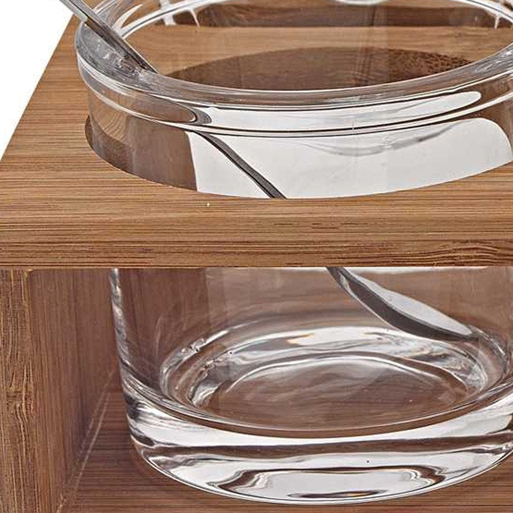 6 Mouth Blown Crystal Jam Set With 3 Glass Jars And Spoons On A Wood Stand HomeRoots