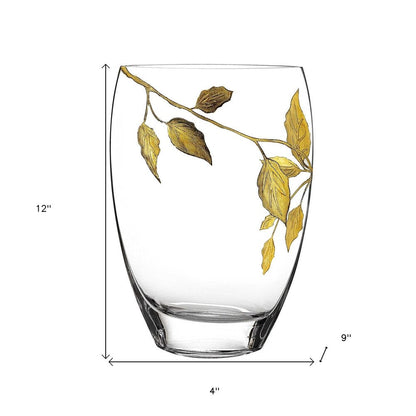 12" Clear And Gold Leaves Oval Crystal Glass Table Vase HomeRoots