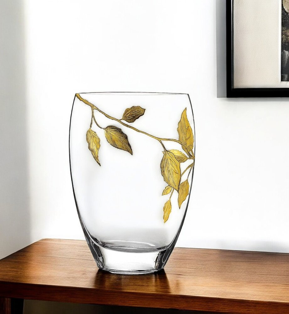 12" Clear And Gold Leaves Oval Crystal Glass Table Vase HomeRoots