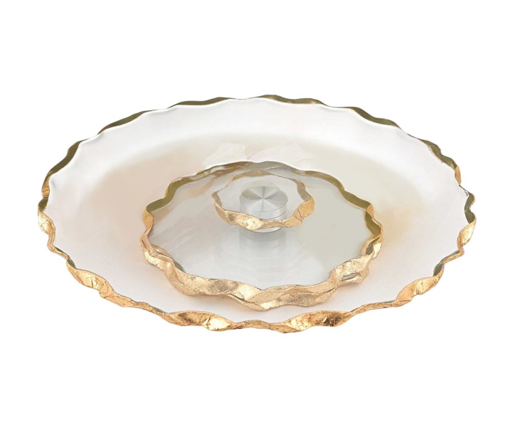 13" Clear and Gold Round Glass Hand Finished Lazy Susan HomeRoots