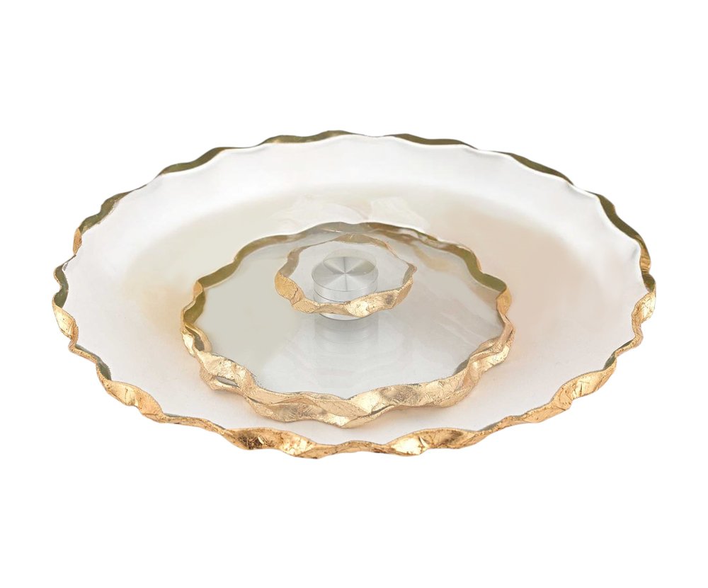 13" Clear and Gold Round Glass Hand Finished Lazy Susan HomeRoots