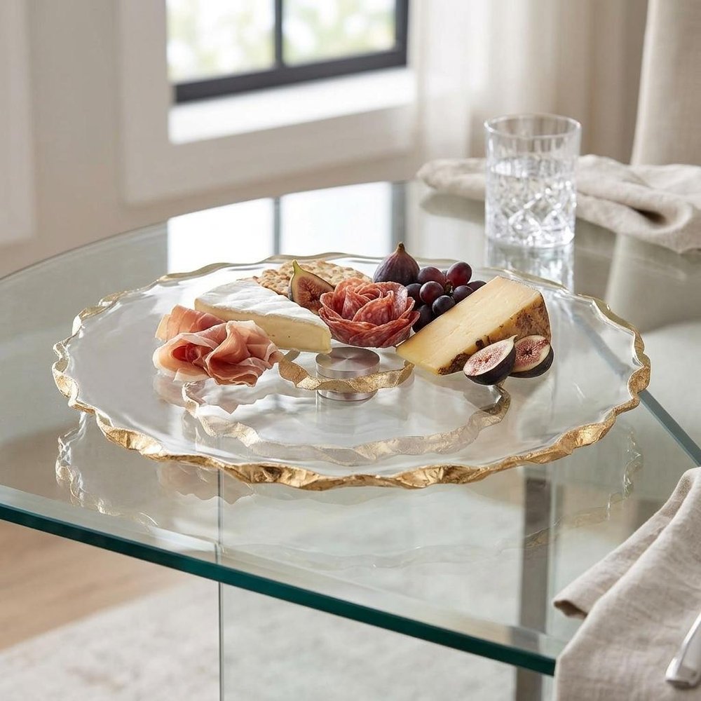 13" Clear and Gold Round Glass Hand Finished Lazy Susan HomeRoots