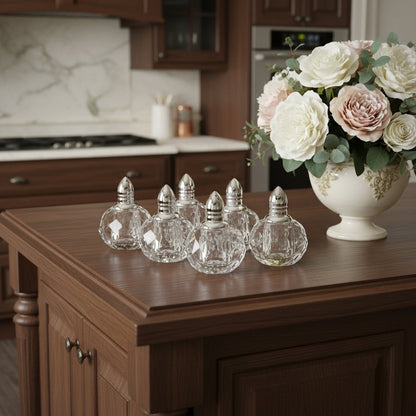 Set of Six Clear And Silver Round Cut Crystal Salt and Pepper Shakers HomeRoots