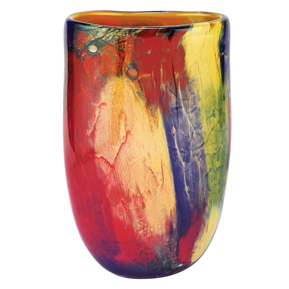 11"  Red Purple And Yellow Abstract Oval Murano Glass Table Vase HomeRoots