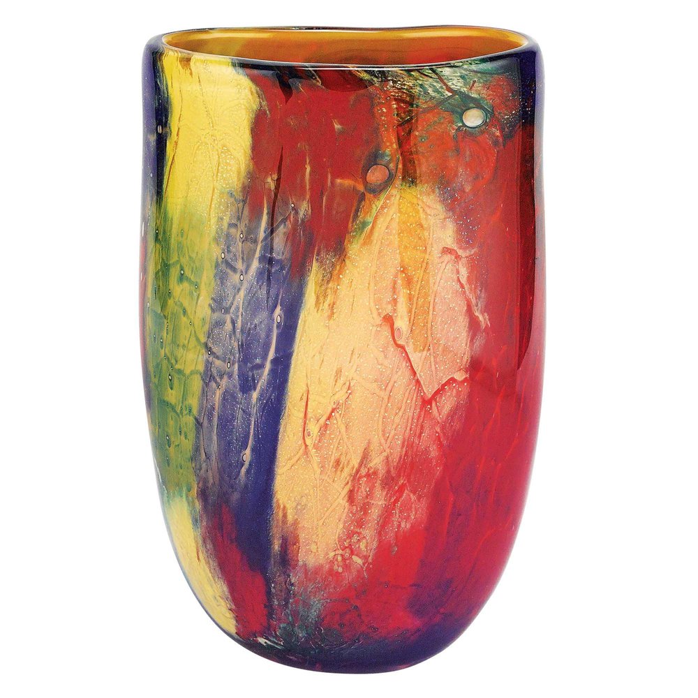 11"  Red Purple And Yellow Abstract Oval Murano Glass Table Vase HomeRoots