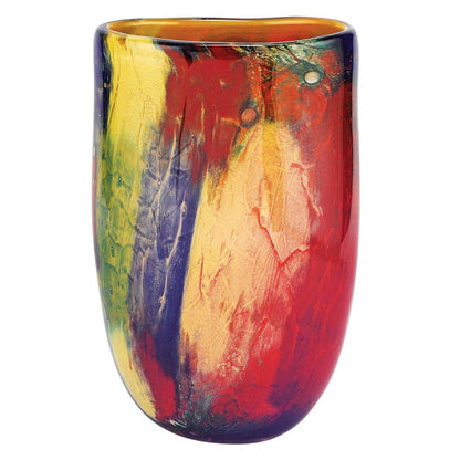 11"  Red Purple And Yellow Abstract Oval Murano Glass Table Vase HomeRoots