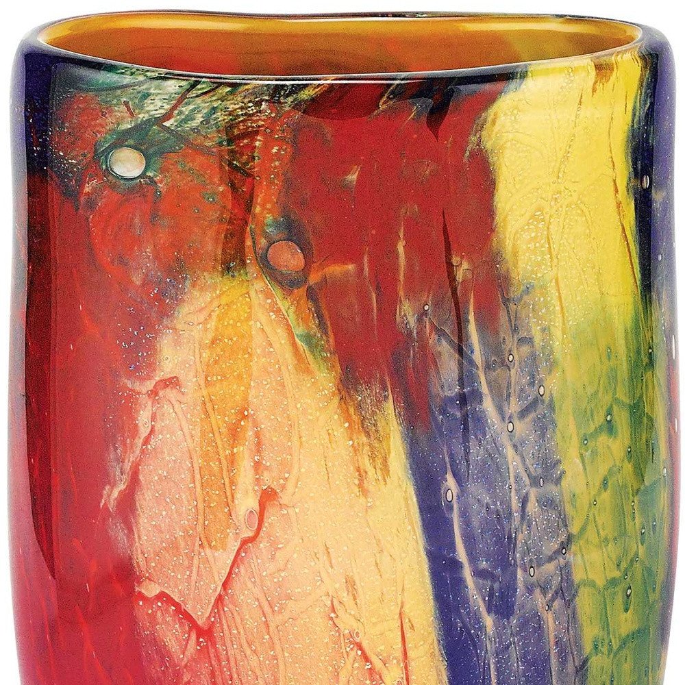11"  Red Purple And Yellow Abstract Oval Murano Glass Table Vase HomeRoots