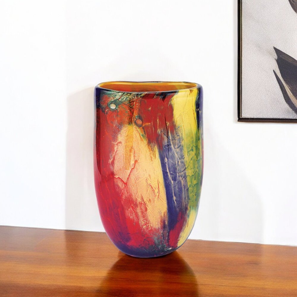 11"  Red Purple And Yellow Abstract Oval Murano Glass Table Vase HomeRoots
