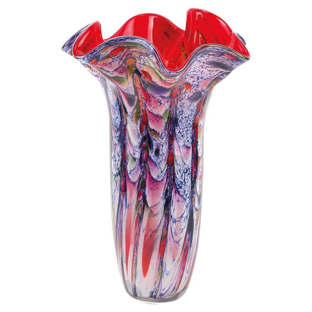 17" Blue Red And White Abstract Wavy Murano Glass Table Vase HomeRoots