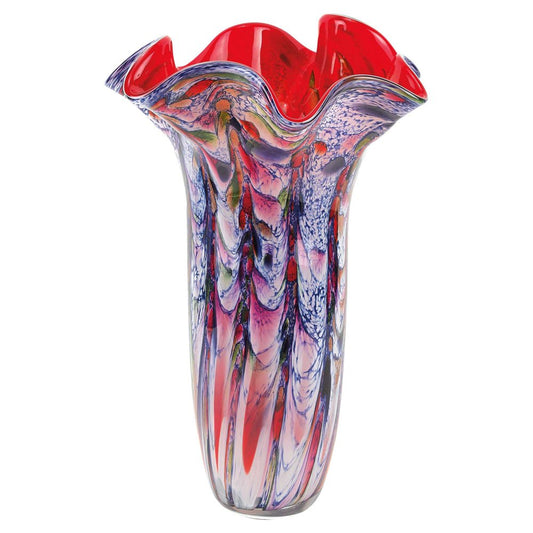 17" Blue Red And White Abstract Wavy Murano Glass Table Vase HomeRoots