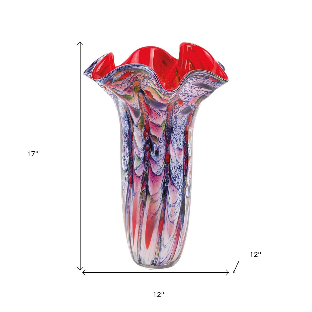 17" Blue Red And White Abstract Wavy Murano Glass Table Vase HomeRoots