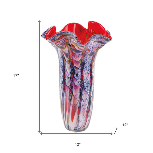 17" Blue Red And White Abstract Wavy Murano Glass Table Vase HomeRoots