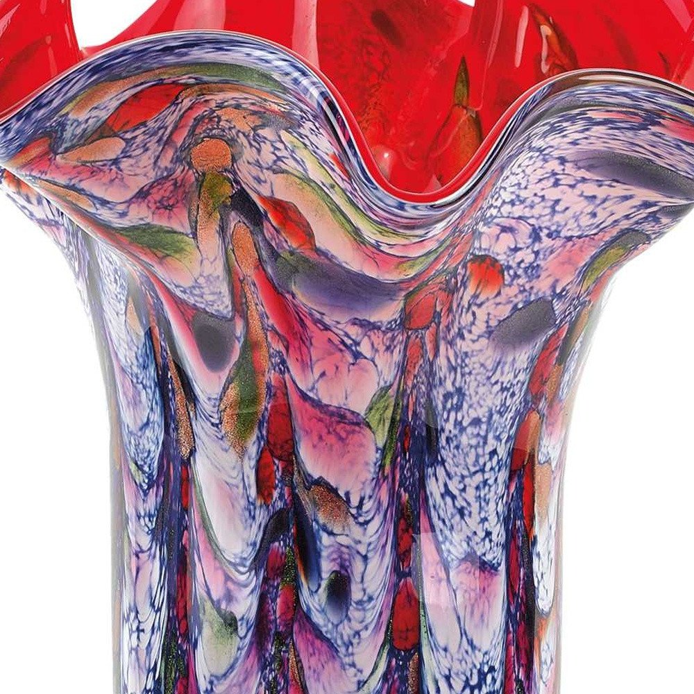 17" Blue Red And White Abstract Wavy Murano Glass Table Vase HomeRoots