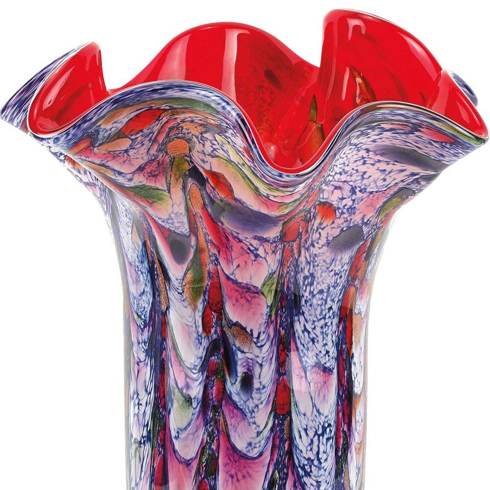 17" Blue Red And White Abstract Wavy Murano Glass Table Vase HomeRoots