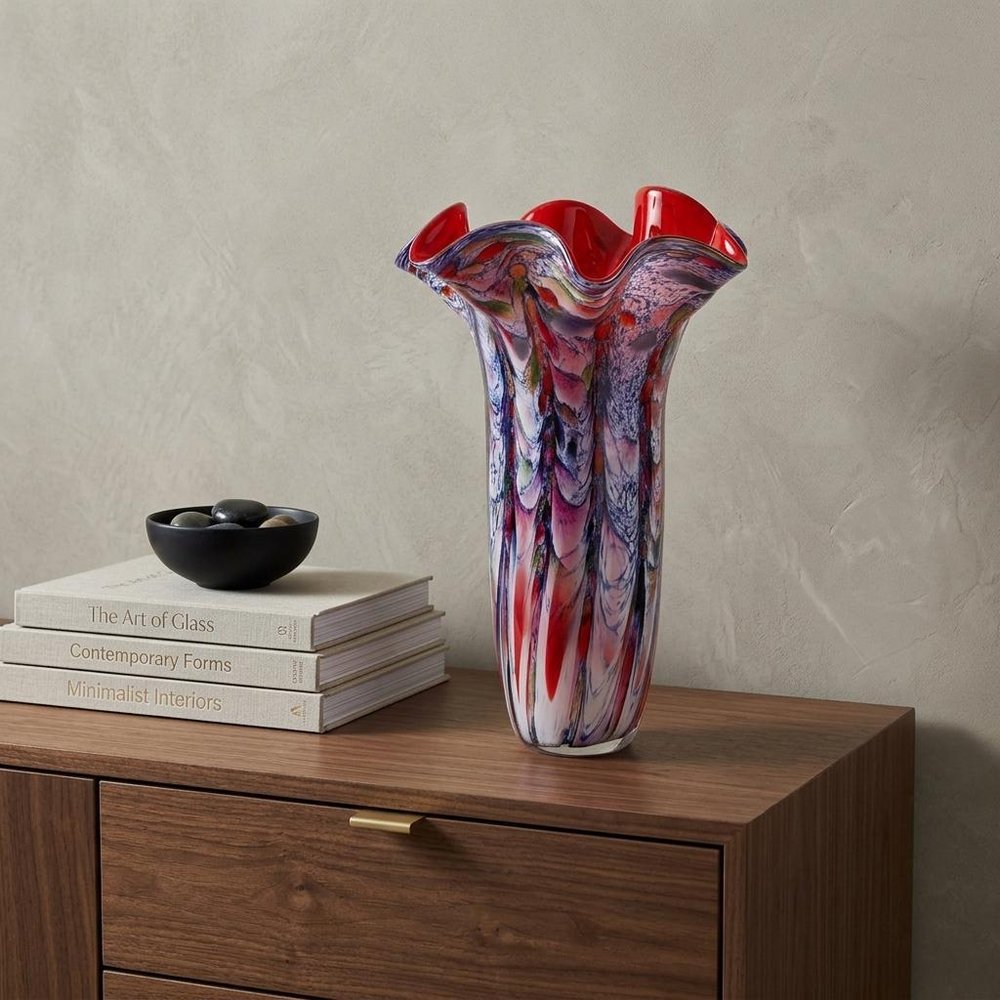 17" Blue Red And White Abstract Wavy Murano Glass Table Vase HomeRoots