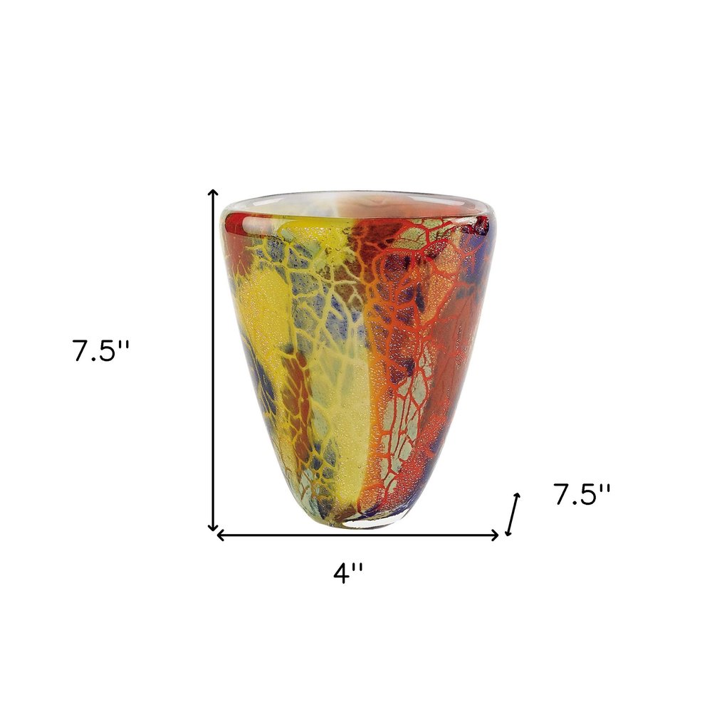 8" Orange Red and Yellow Murano Glass Abstract Oval Table Vase HomeRoots
