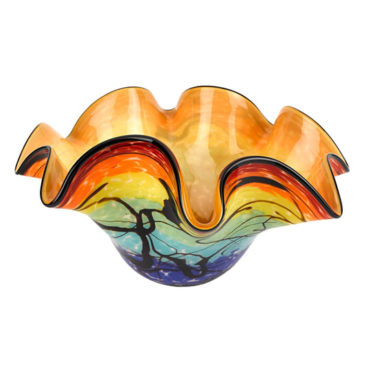 17" Red Yellow and Green Wavy Glass Centerpiece Bowl HomeRoots