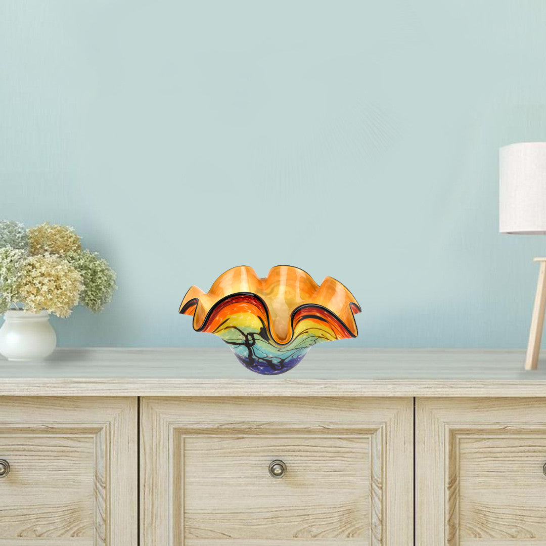 17" Red Yellow and Green Wavy Glass Centerpiece Bowl HomeRoots