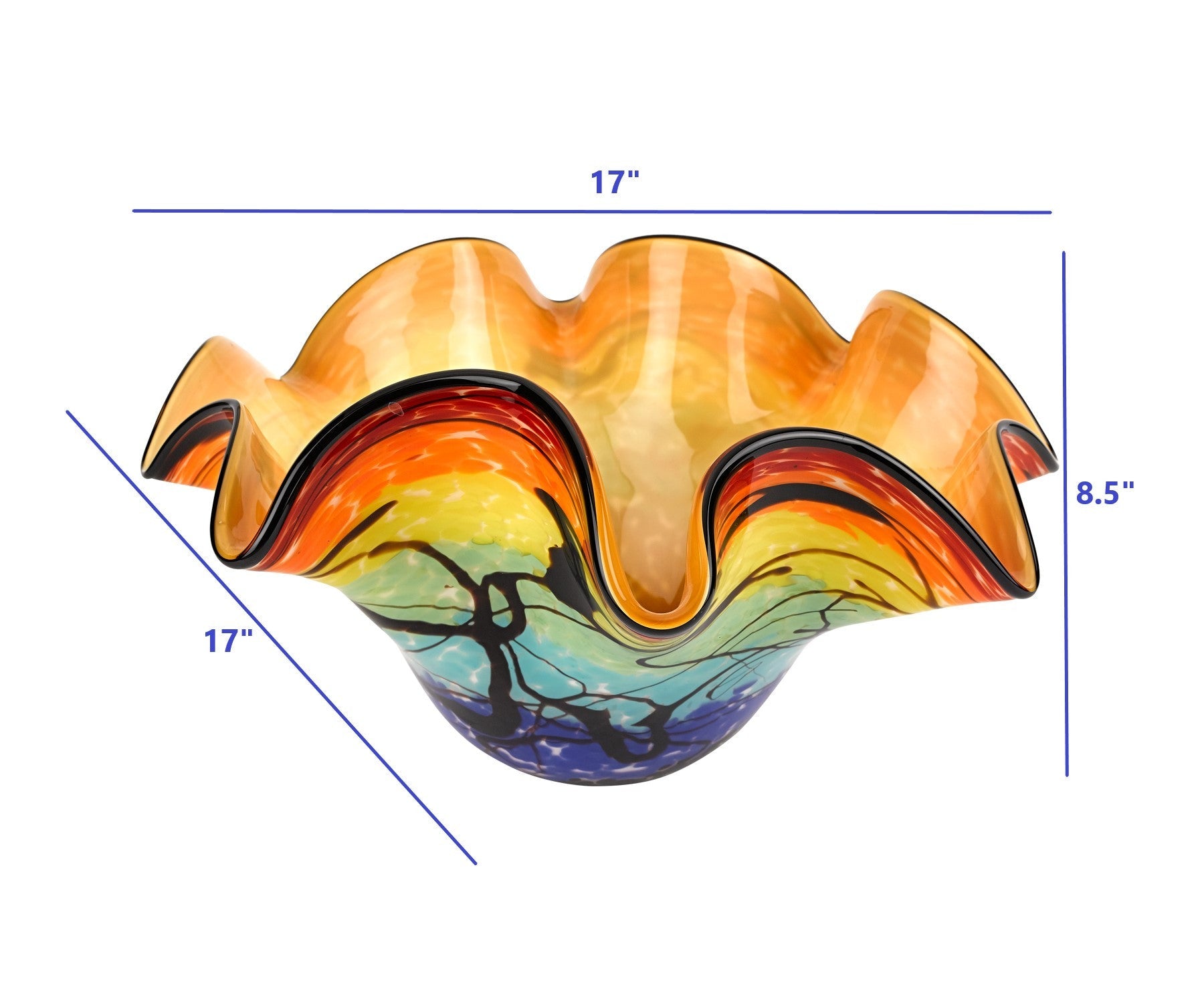 17" Red Yellow and Green Wavy Glass Centerpiece Bowl HomeRoots