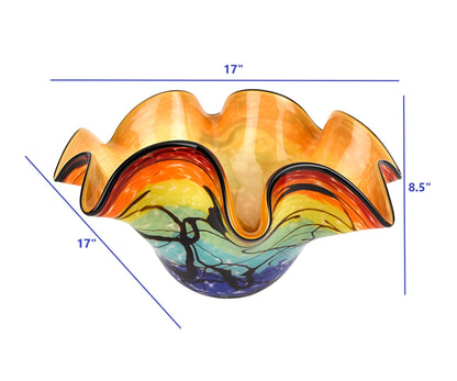 17" Red Yellow and Green Wavy Glass Centerpiece Bowl HomeRoots