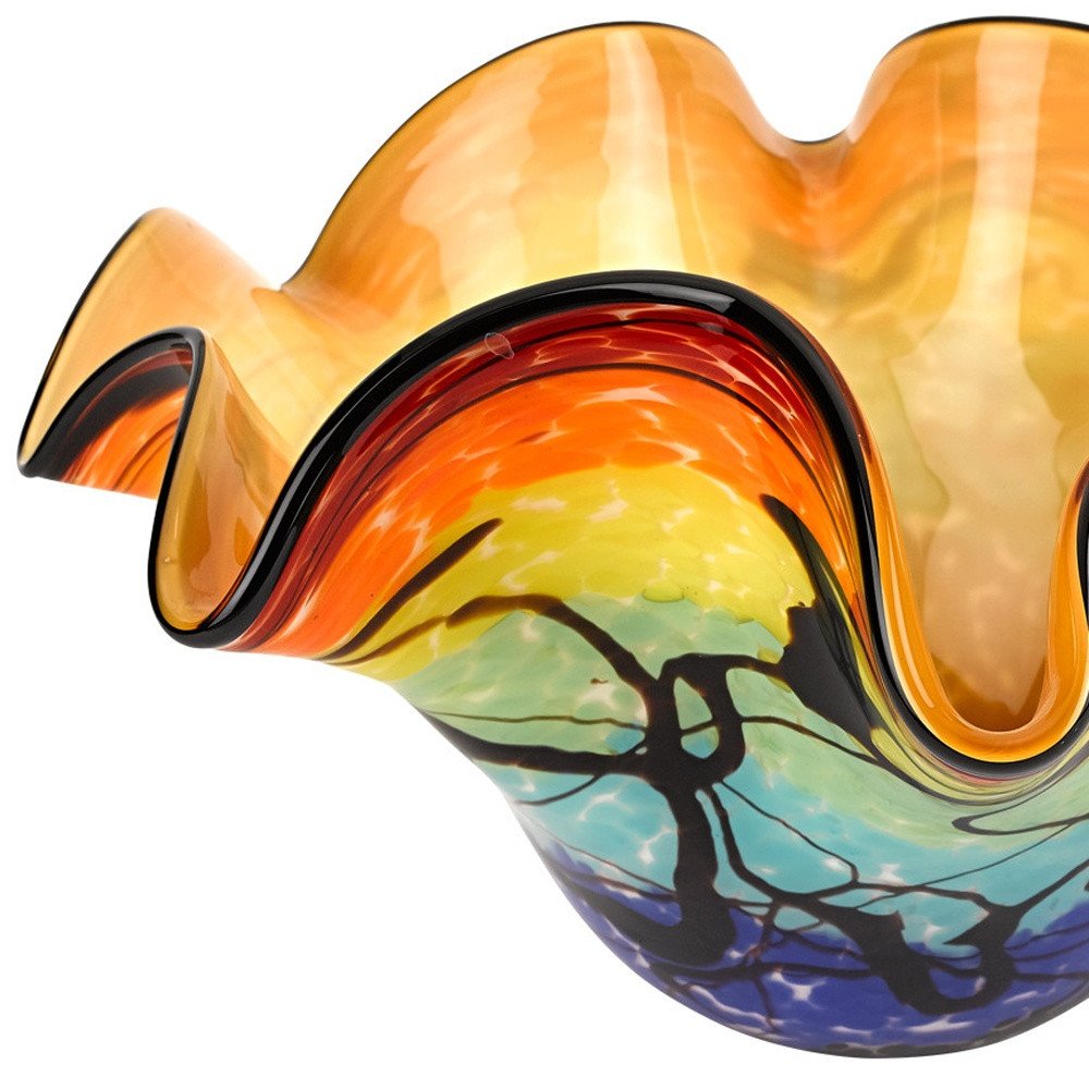17" Red Yellow and Green Wavy Glass Centerpiece Bowl HomeRoots