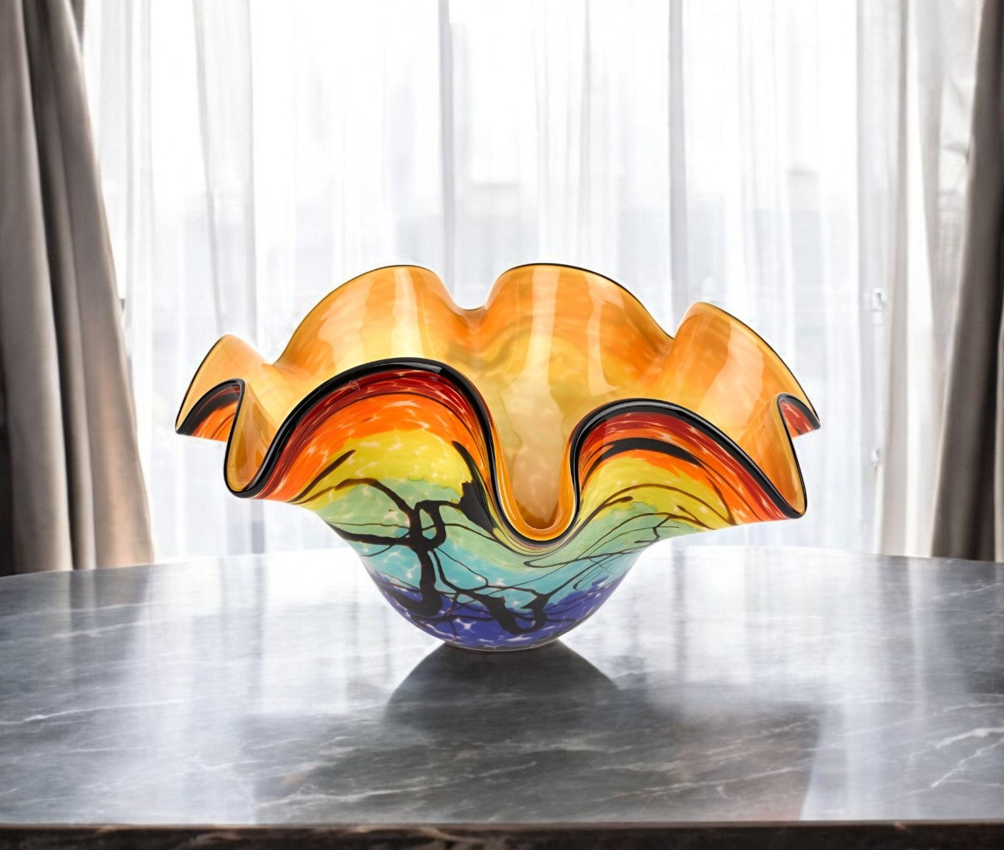 17" Red Yellow and Green Wavy Glass Centerpiece Bowl