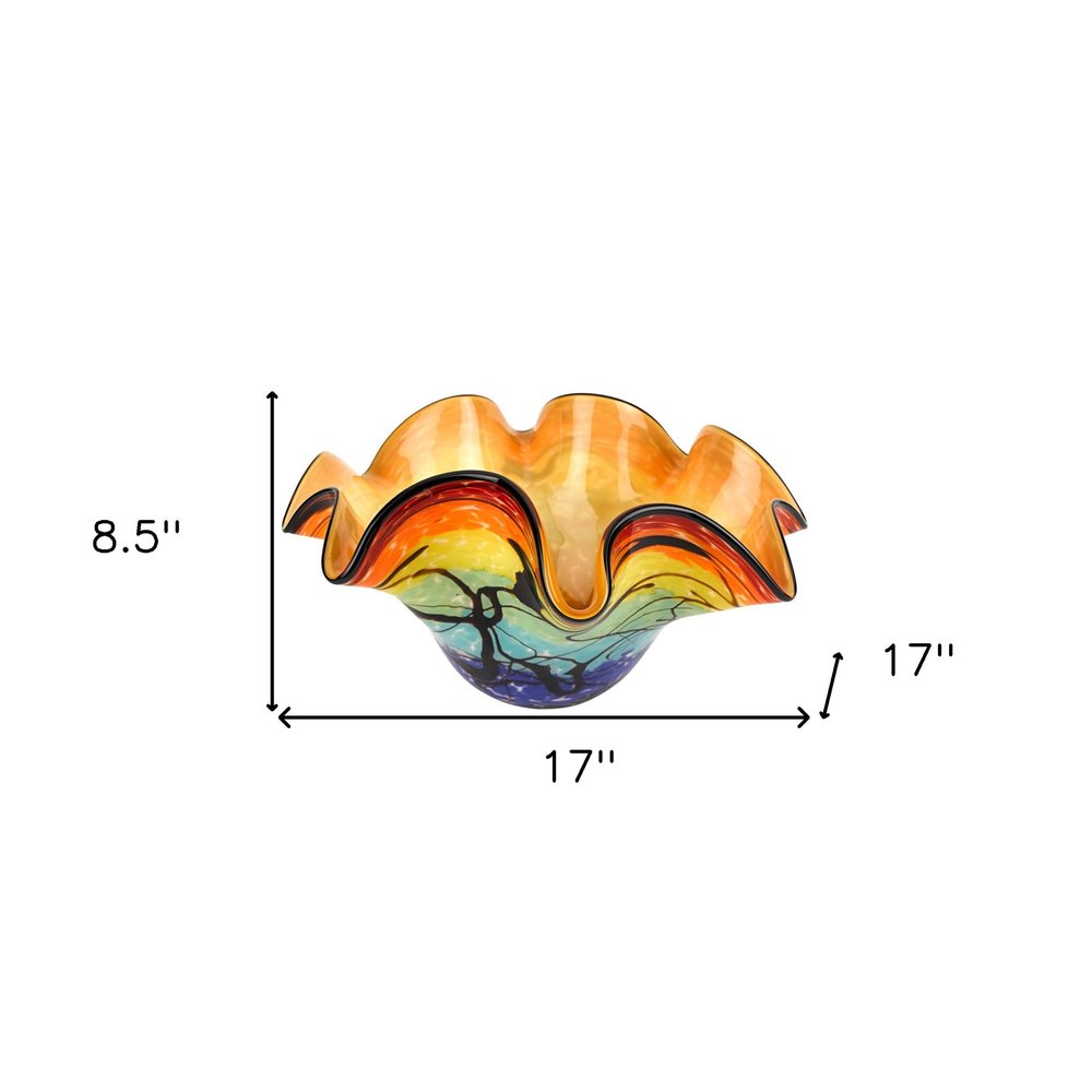 17" Red Yellow and Green Wavy Glass Centerpiece Bowl HomeRoots