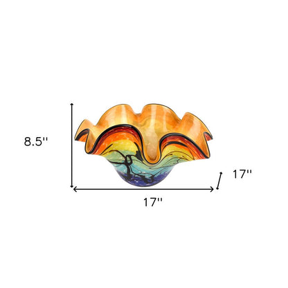 17" Red Yellow and Green Wavy Glass Centerpiece Bowl HomeRoots