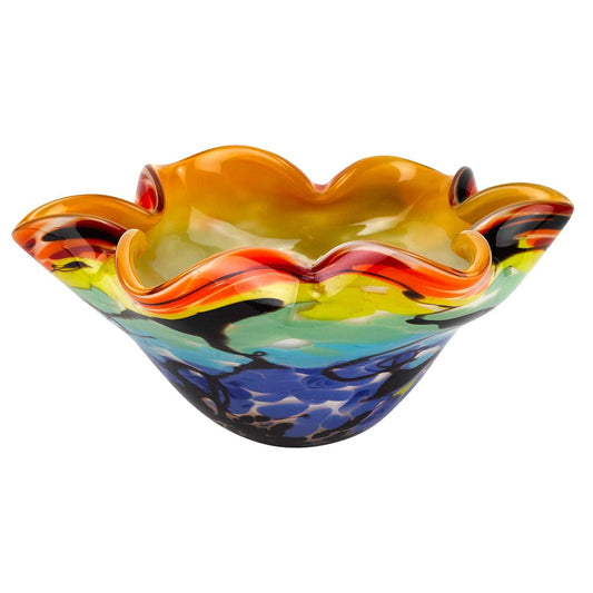 9" Rainbow Multi Art Glass Wavy Centerpiece Bowl HomeRoots