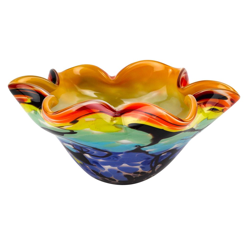 9" Rainbow Multi Art Glass Wavy Centerpiece Bowl HomeRoots
