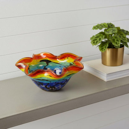 9" Rainbow Multi Art Glass Wavy Centerpiece Bowl HomeRoots