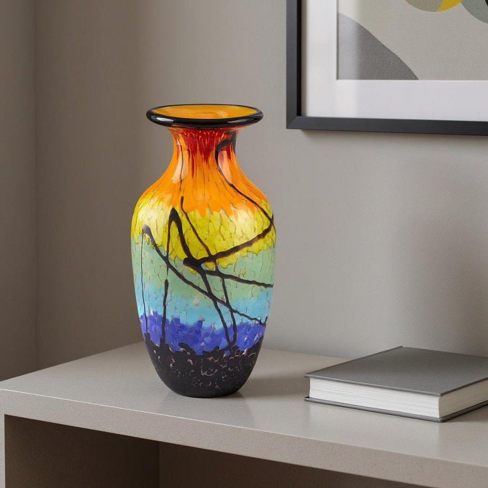 11" Black Blue Red And Yellow Abstract Urn Handblown Glass Table Vase HomeRoots