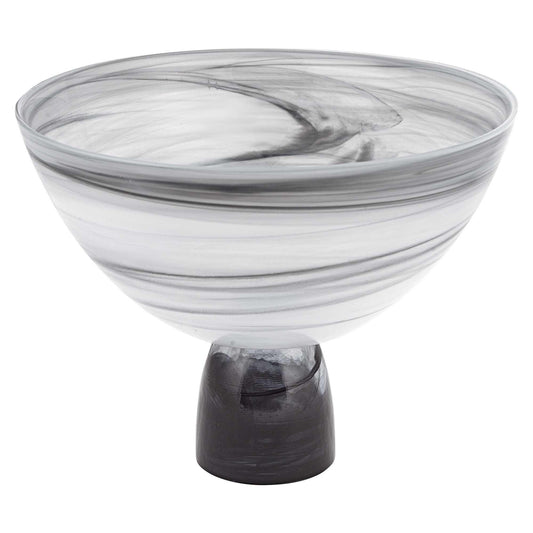 10" Black and Gray Swirl Mouth Blown Glass Footed Centerpiece Bowl - FurniFindUSA