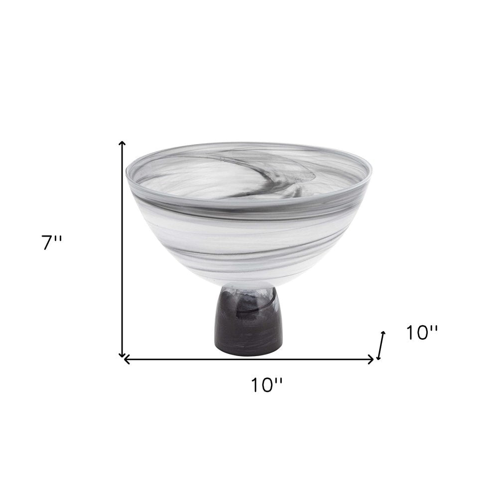 10" Black and Gray Swirl Mouth Blown Glass Footed Centerpiece Bowl HomeRoots