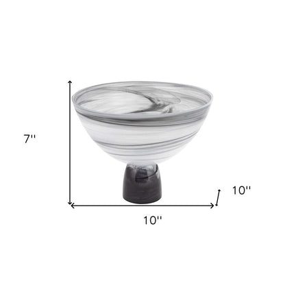 10" Black and Gray Swirl Mouth Blown Glass Footed Centerpiece Bowl HomeRoots