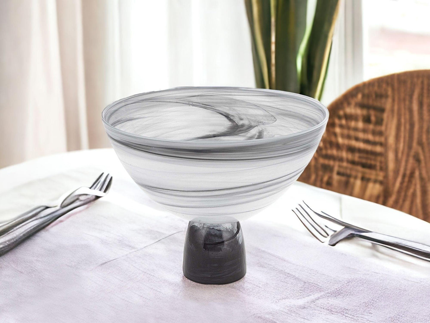 10" Black and Gray Swirl Mouth Blown Glass Footed Centerpiece Bowl - FurniFindUSA